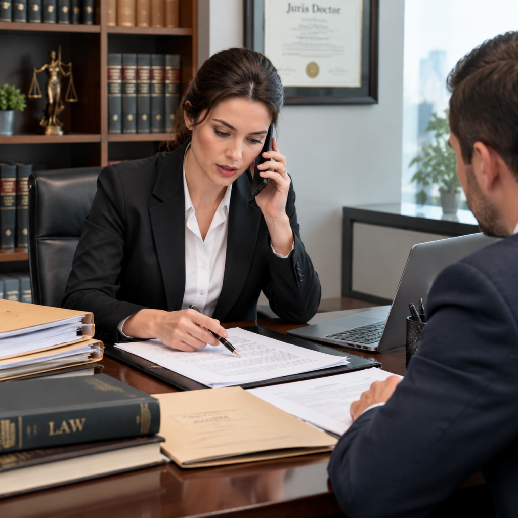Attorney on a phone call or reviewing documents with a client.